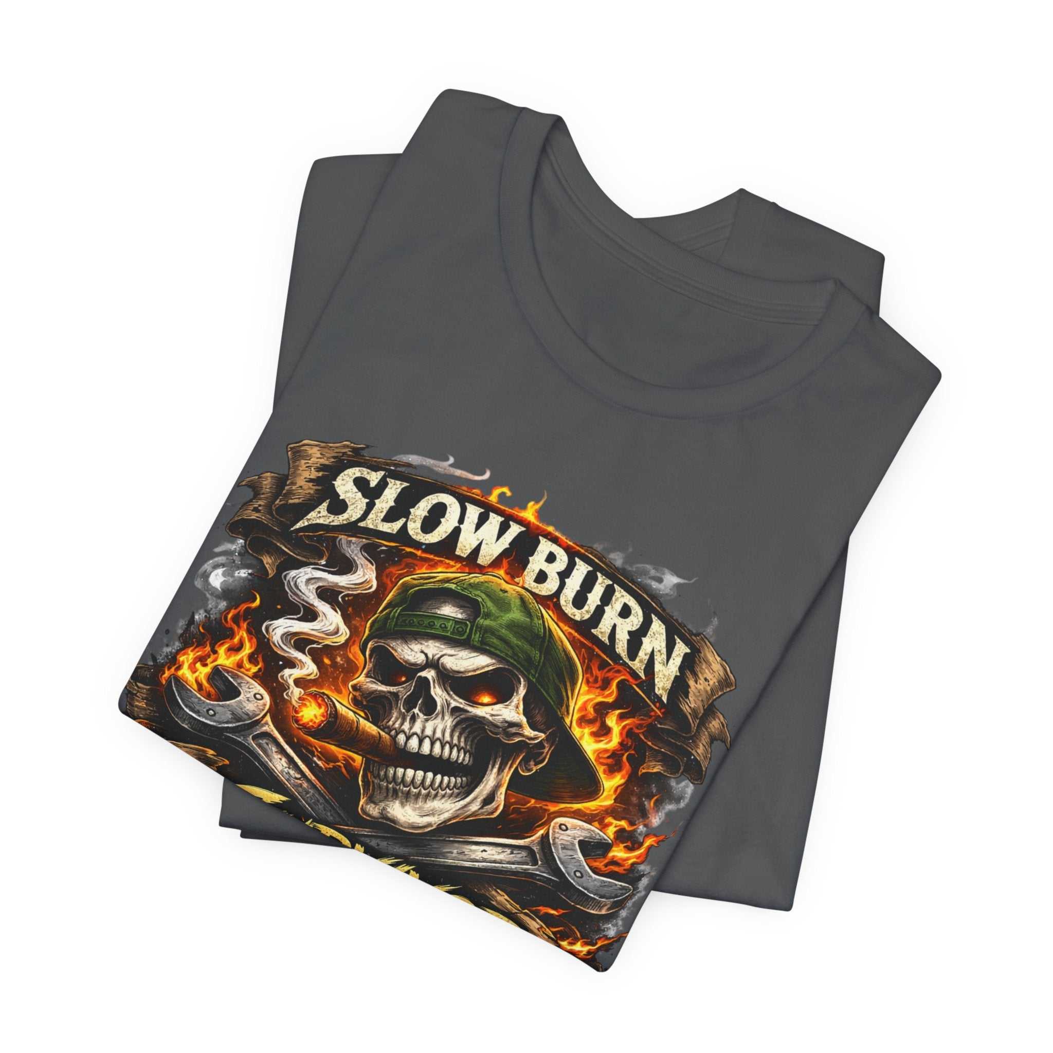 Slow Burn Survivor T‑Shirt — Skull Flame Vintage Motorcycle Tee