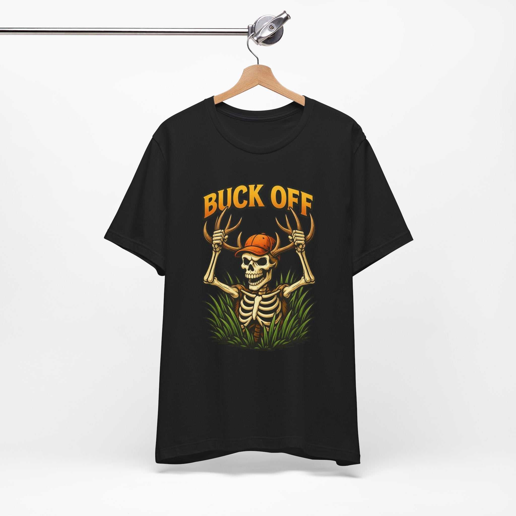Buck Off Skeleton hunting t-shirt featuring grinning skeleton in hunter’s cap and camo design