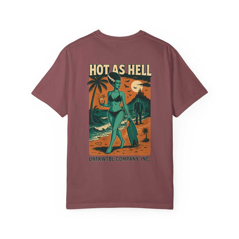 Bride of Frankenstein graphic T-shirt with beach monster hottie design and "Hot As Hell" text on maroon fabric