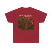 Red heavy cotton unisex tee with "THERE CAN ONLY BE ONE RULER" text and fantasy battle graphic on the back