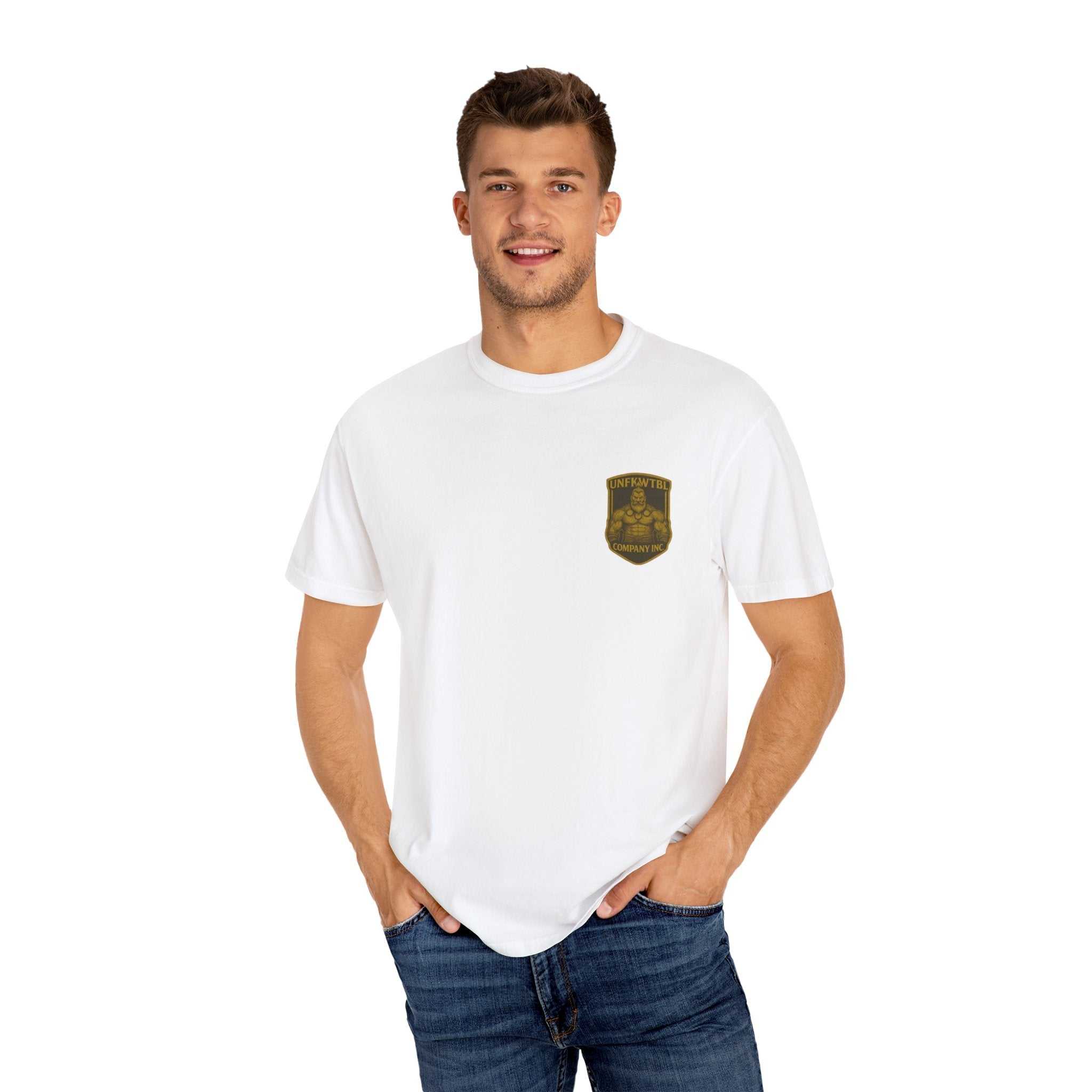 White Sentinels of Silence unisex T-shirt with chest emblem worn by male model