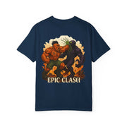 Fantasy Battle Unisex Garment-Dyed T-shirt with Epic Clash Cindermaw vs Xarvok design on navy blue fabric