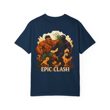 Fantasy Battle Unisex Garment-Dyed T-shirt featuring Clash Cindermaw vs Xarvok design on soft cotton fabric