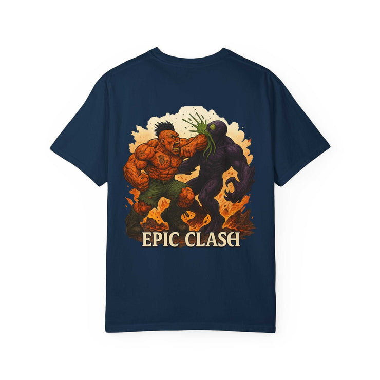 Fantasy Battle Unisex Garment-Dyed T-shirt with Epic Clash Cindermaw vs Xarvok design on navy blue fabric