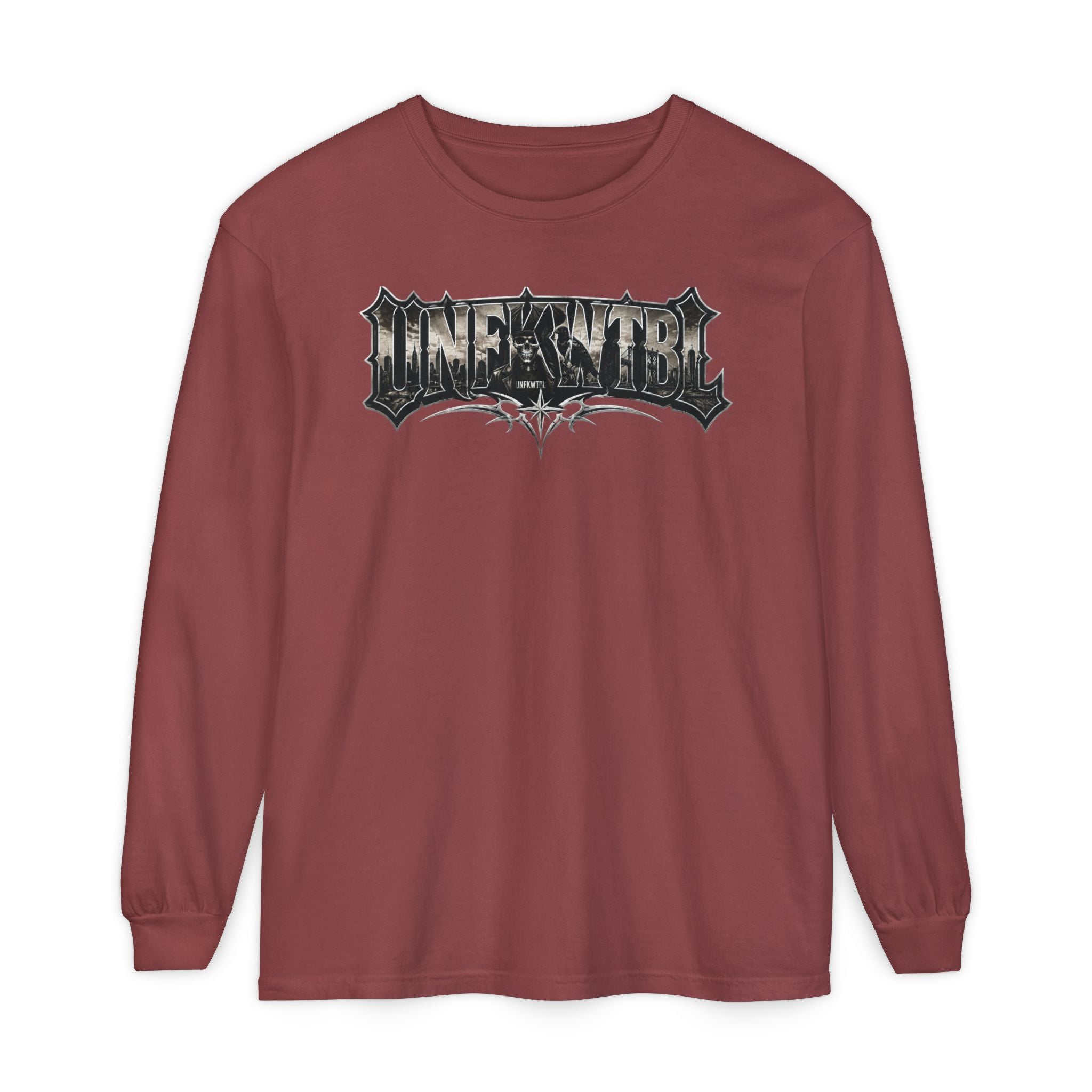 Metal Logo Long Sleeve T‑Shirt — 'UNDEFEATED' Gothic Graphic