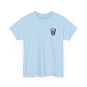 Light blue Atlas Strong Unisex Tee with small skull graphic on chest, inspirational casual shirt