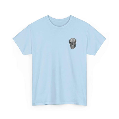Light blue Atlas Strong Unisex Tee with small skull graphic on chest, inspirational casual shirt