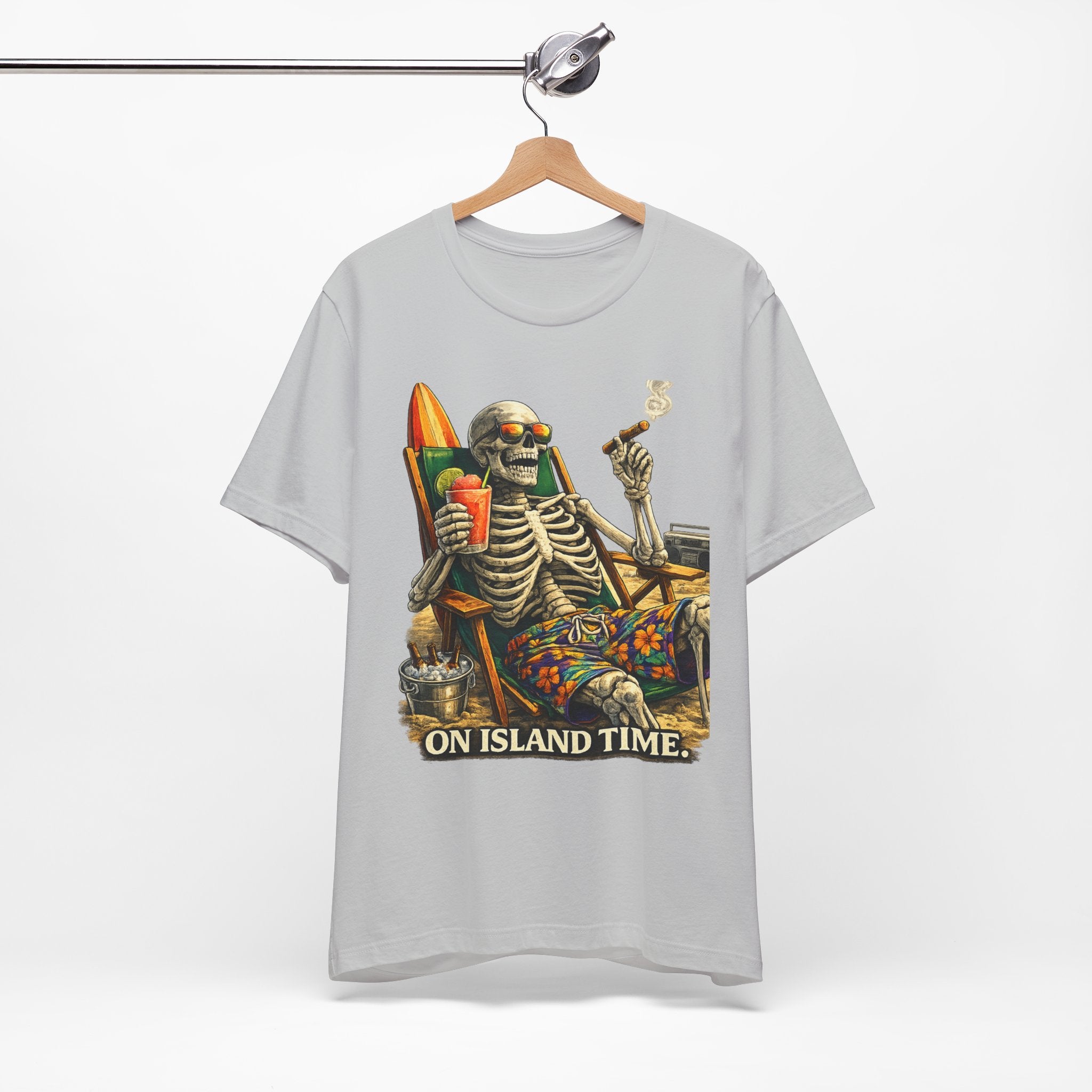 Skeleton Beach Tee — "On Island Time" Tropical Skull Vacation T-Shirt