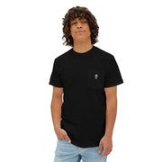 Black t-shirt with skeleton sunset gangster design and left chest pocket worn by man