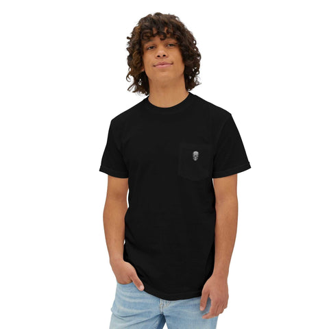 Black t-shirt with skeleton sunset gangster design and left chest pocket worn by man