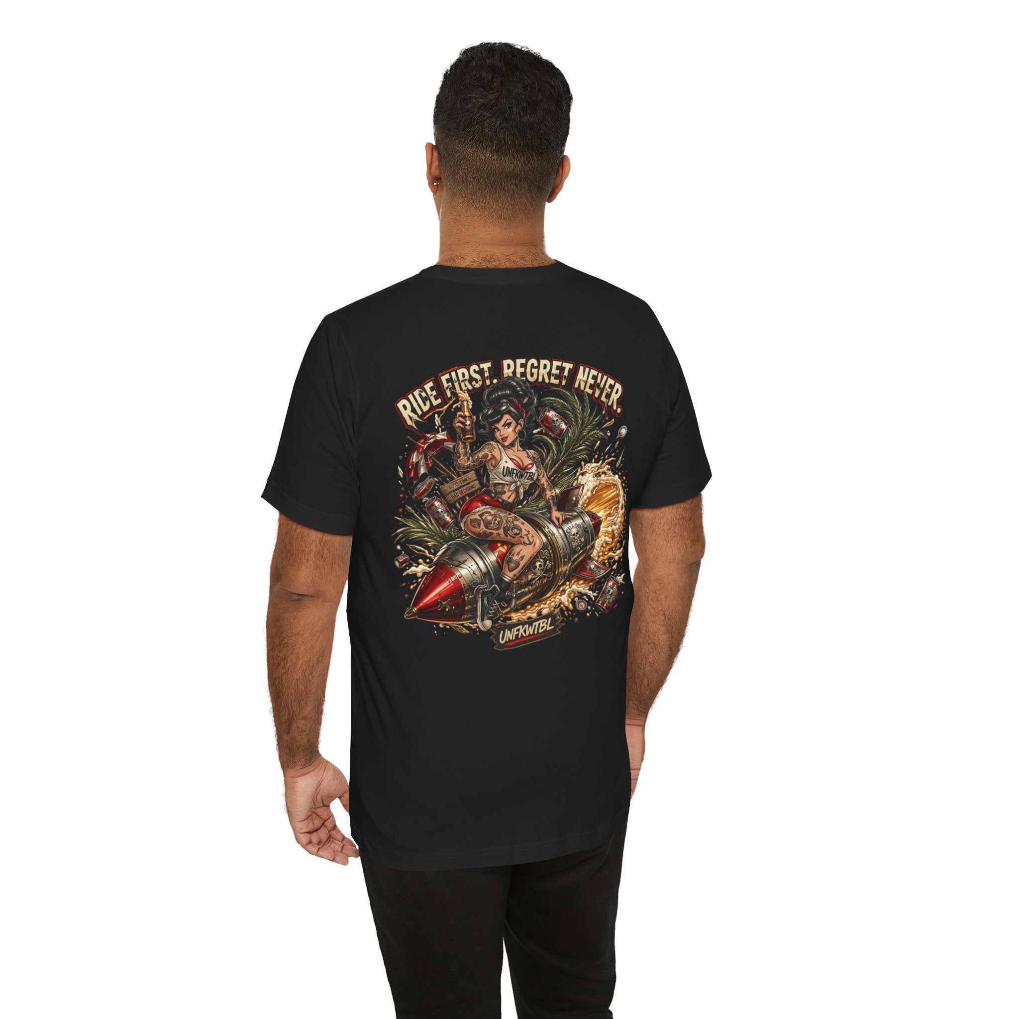 Ride First Regret Never Tee — Vintage Pinup Bomb Girl Motorcycle Graphic Shirt