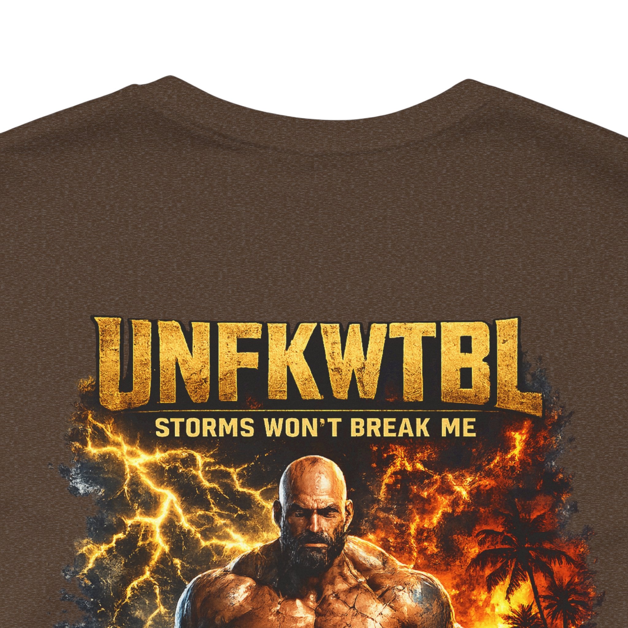 Unfkwtbl Storms Won’t Break Me Graphic Tee — Muscular Warrior Lightning & Ocean Back Print