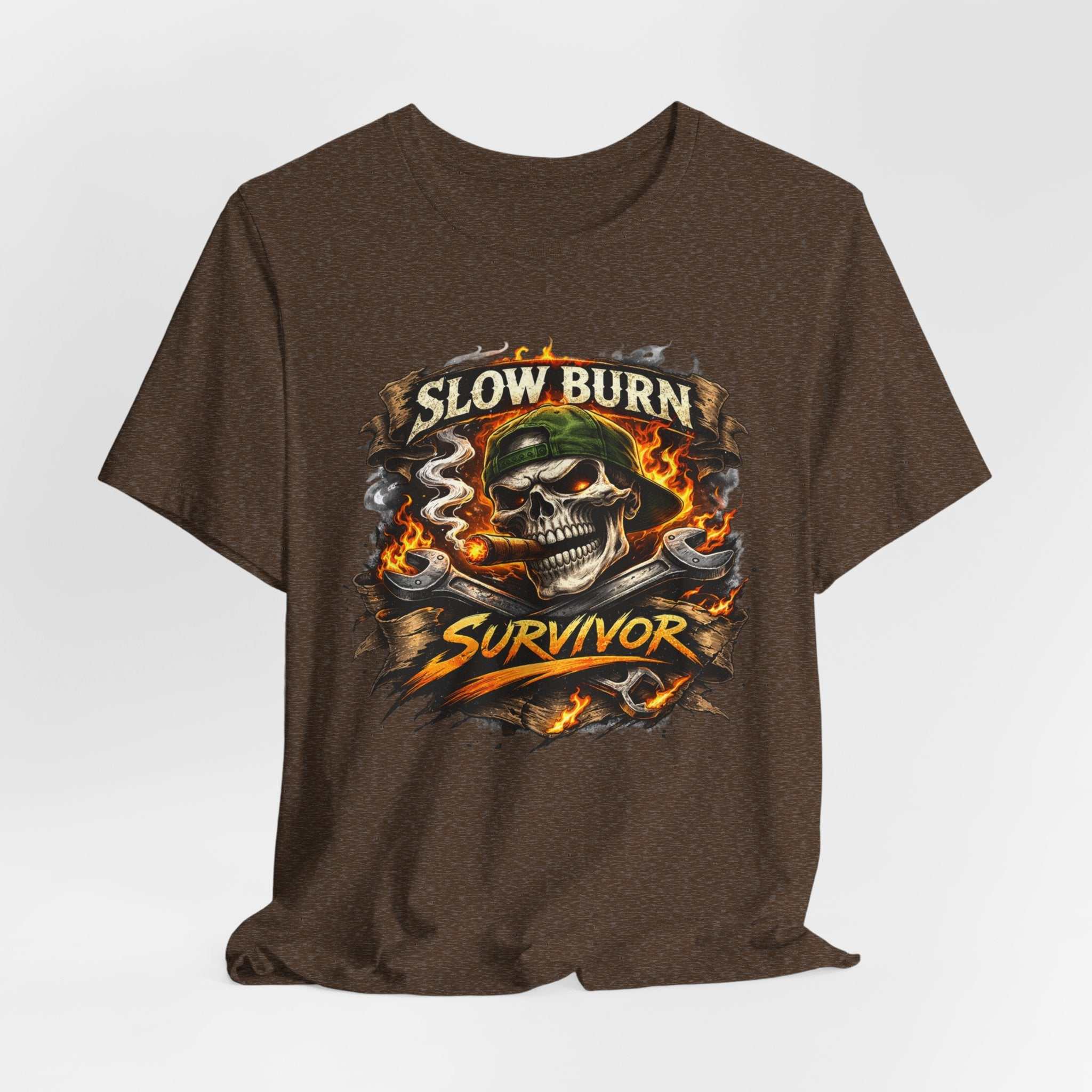 Slow Burn Survivor T‑Shirt — Skull Flame Vintage Motorcycle Tee