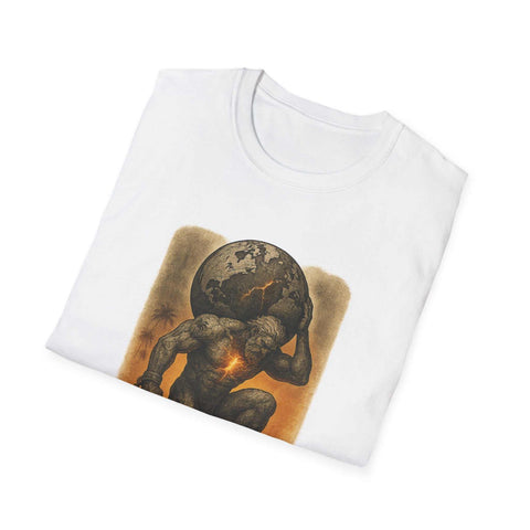 White unisex t-shirt featuring a powerful graphic of a muscular figure carrying a cracked earth globe on its shoulders