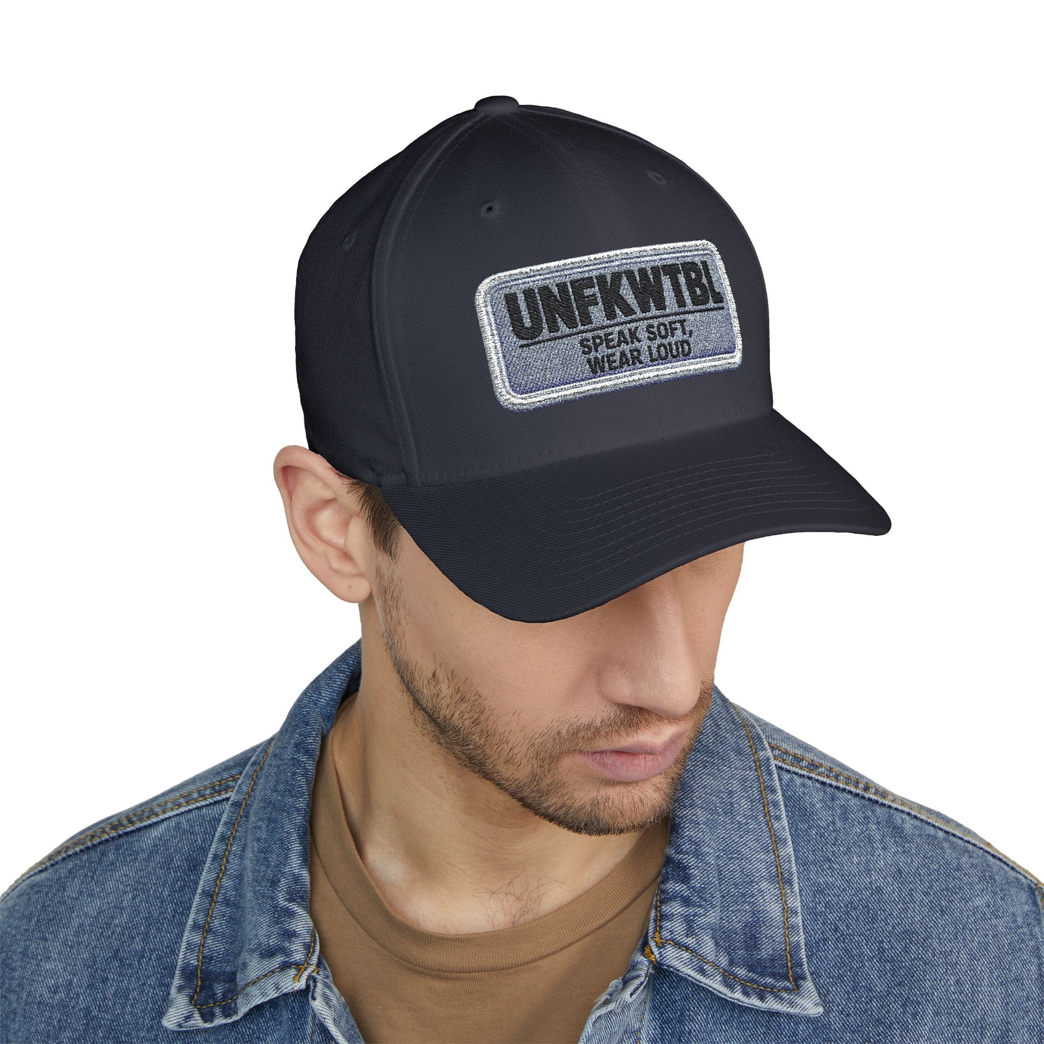 UNFKWTBL Embroidered Patch Cap — 'Speak Soft. Wear Loud.' Structured Hat