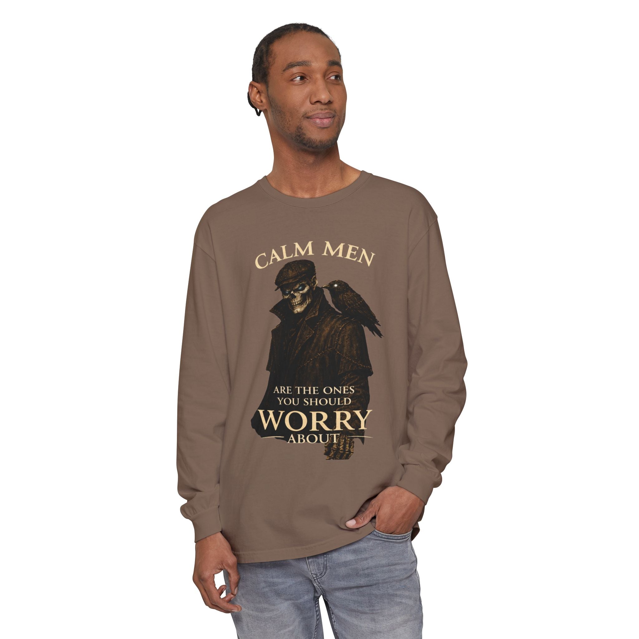 Calm Men Skull Raven Long Sleeve T-Shirt — "Calm Men Are The Ones You Should Worry About"