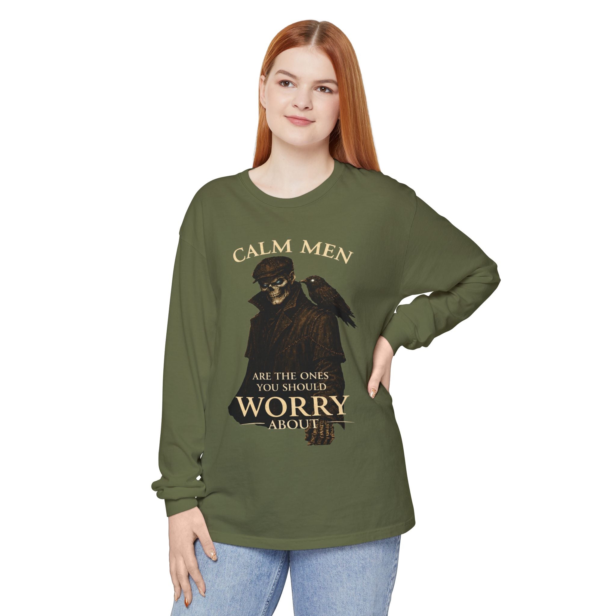 Calm Men Skull Raven Long Sleeve T-Shirt — "Calm Men Are The Ones You Should Worry About"