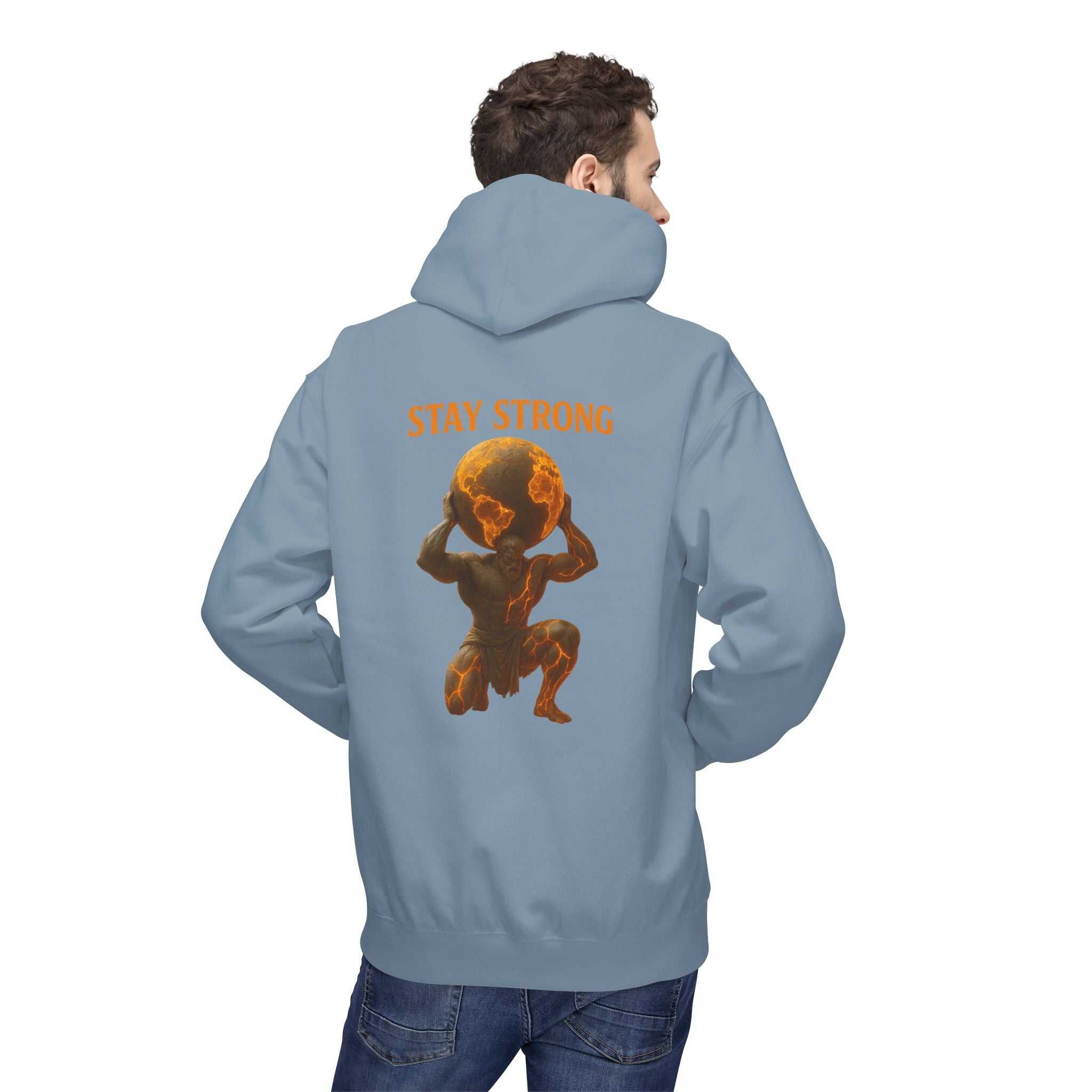 Stay Strong Atlas Hoodie with mythic strength design and cozy fit