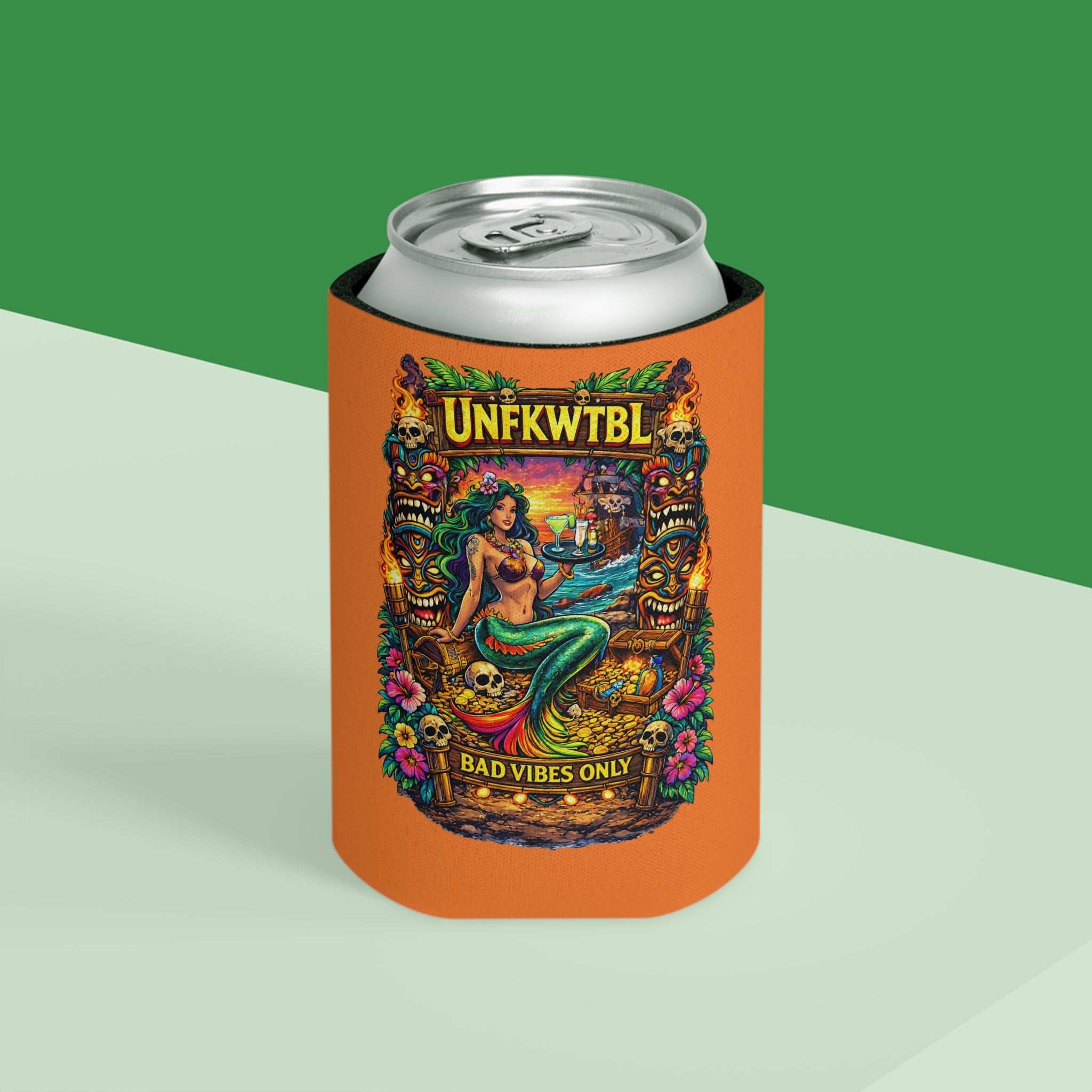 Can cooler with tropical mermaid design keeping canned drinks cold and stylish