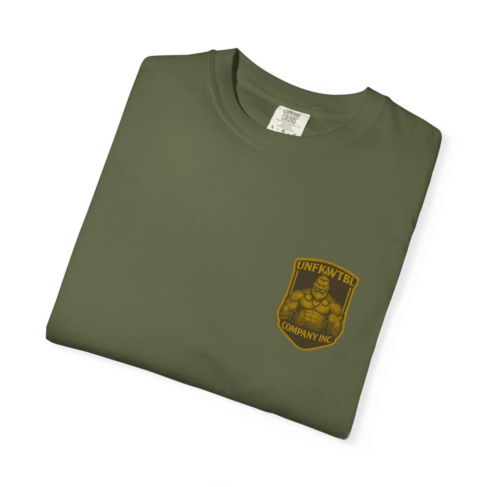 Folded olive green Death Angel Wings Protector of the Dead unisex cotton t-shirt with yellow logo on chest