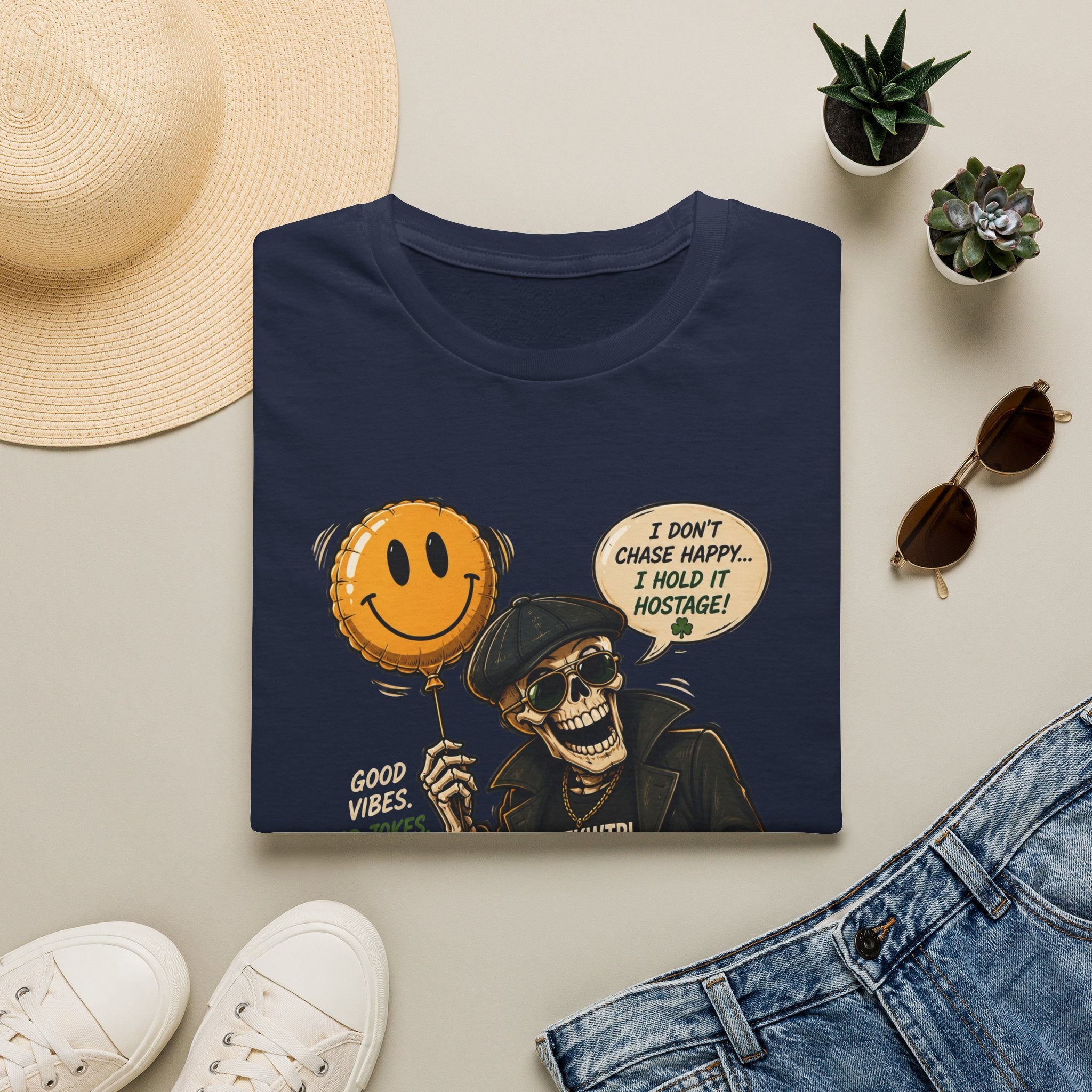 Skull with Smiley Balloon T-Shirt — “I Don’t Chase Happy… I Hold It Hostage” Graphic Tee