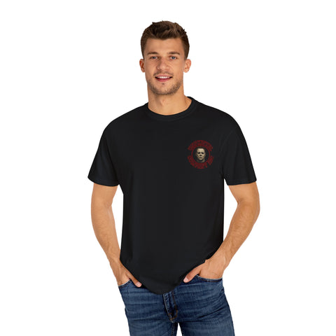 Black Jason Voorhees T-shirt with horror and Scooby Doo mystery print, worn by male model