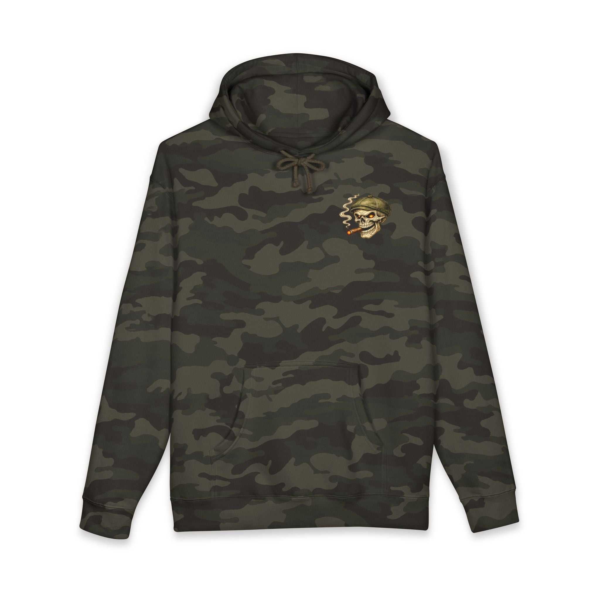 Skull Cigar Hoodie with bold skull and cigar graphic on camo pullover sweatshirt