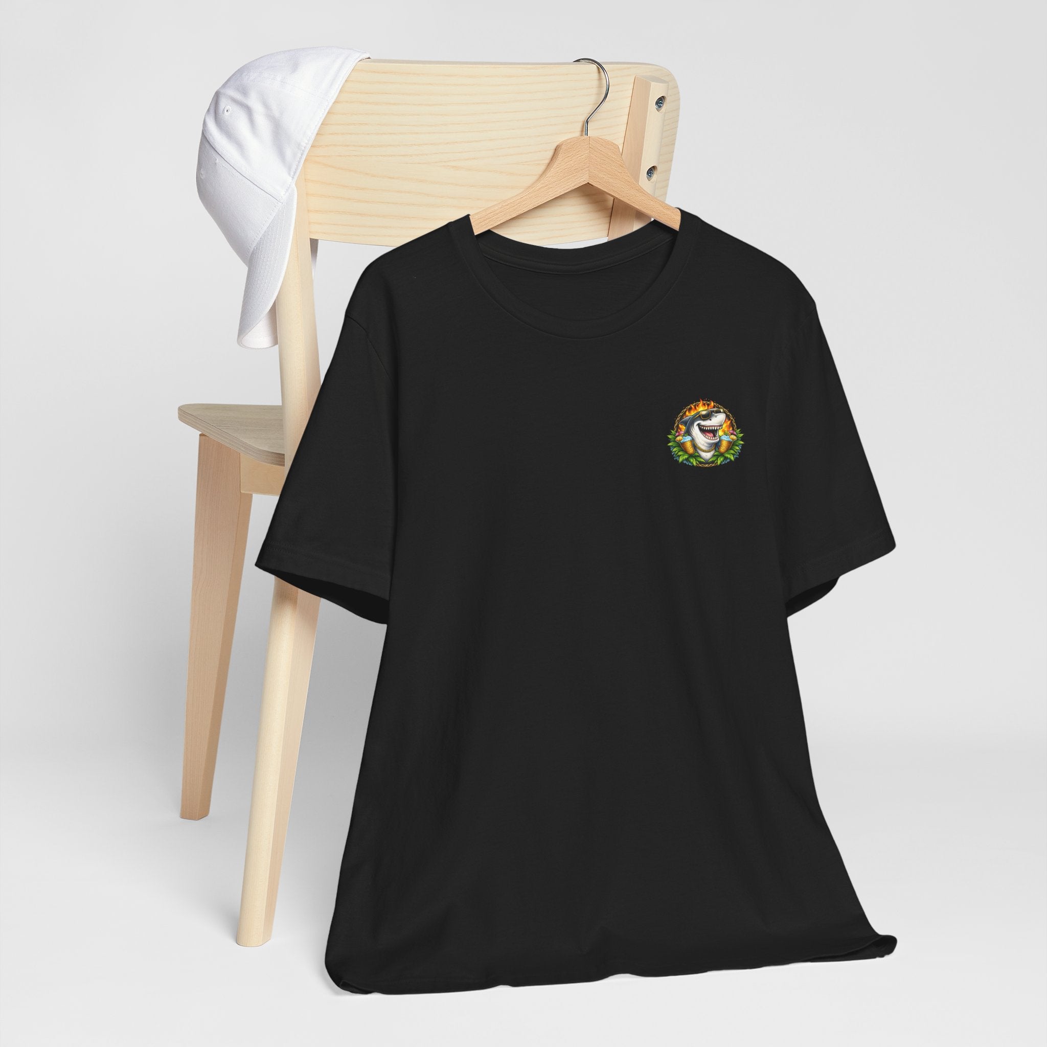 Shark Tiki Party Tee — "Just One More" Tropical Bar Graphic Shirt