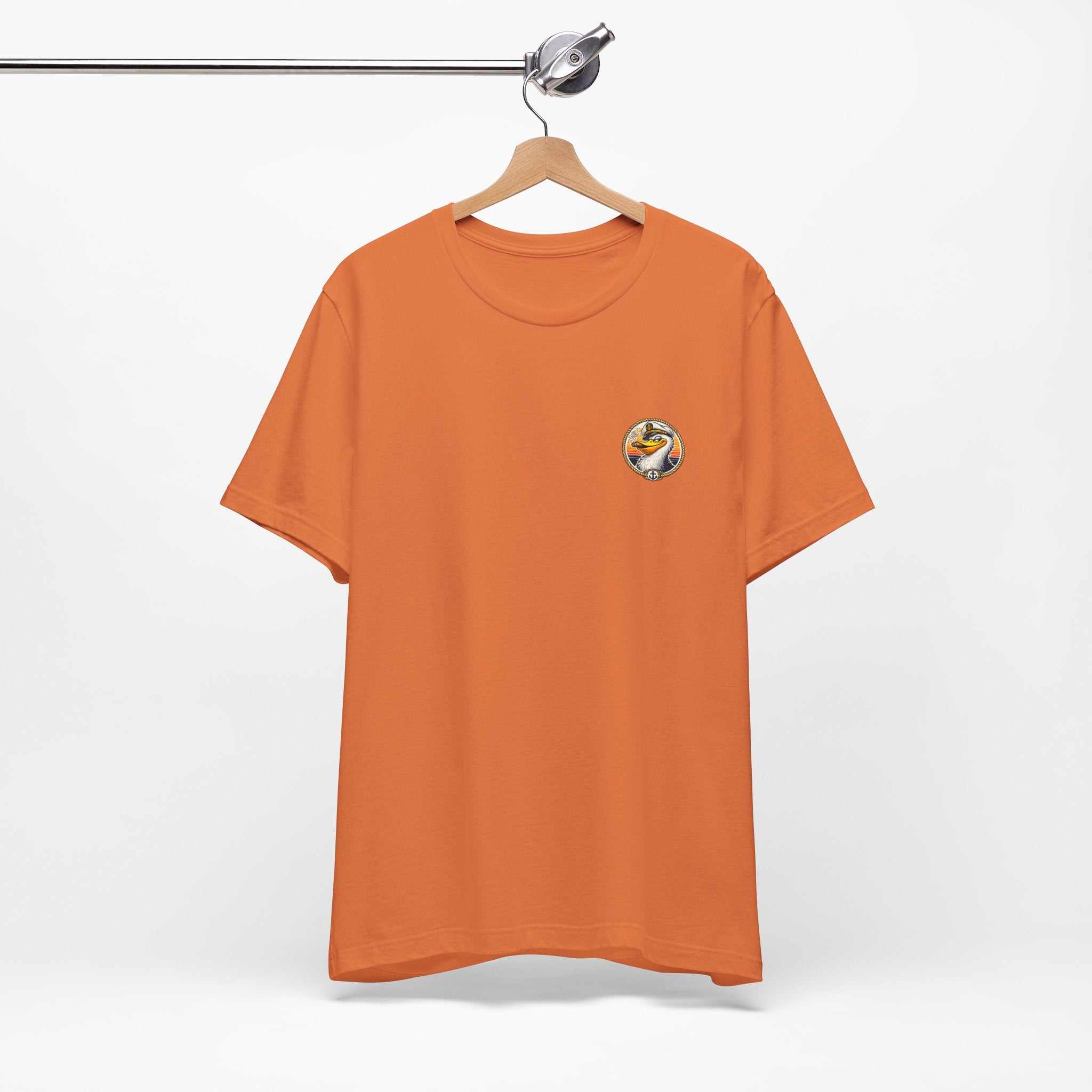 T-Shirt — Retro Pelican on Inflatable Tube Graphic Tee (Beach Vacation, Tropical Sunset)