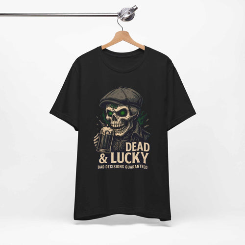 Dead & Lucky Skull Tee with grinning skull graphic and bold text on lightweight cotton shirt