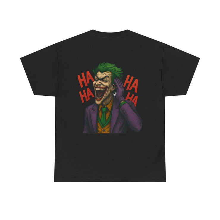 Black UNFKWTBL JOKER t-shirt with a colorful graphic of the Joker laughing and "HA HA HA" text design