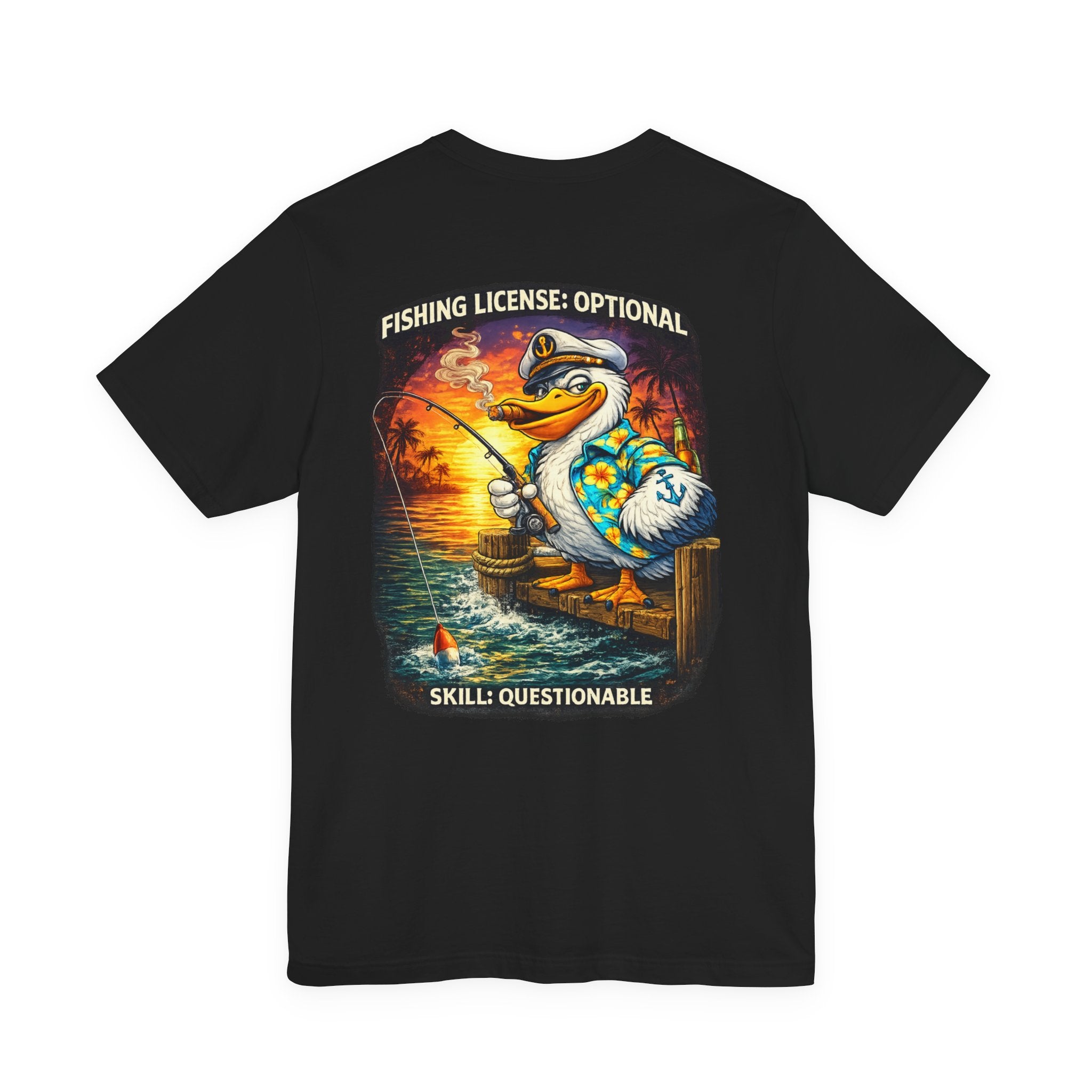 Fishing Duck T-Shirt — “Fishing License: Optional, Skill: Questionable” Graphic Tee