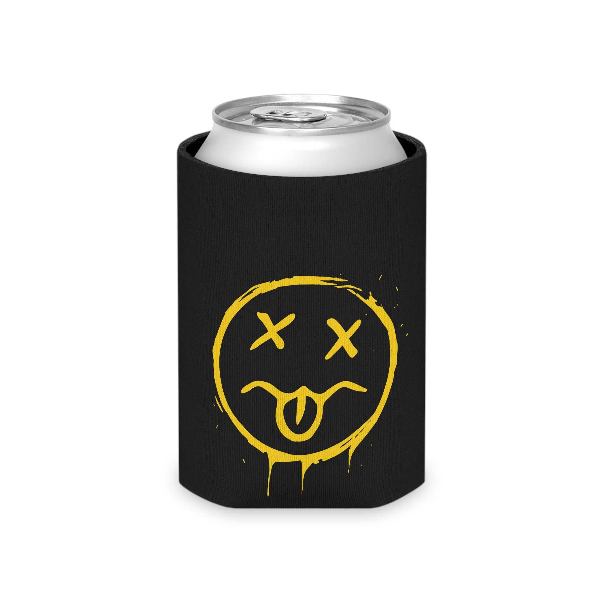 Neon Grunge Smiley Can Cooler — Yellow Drip Face Beer Koozie
