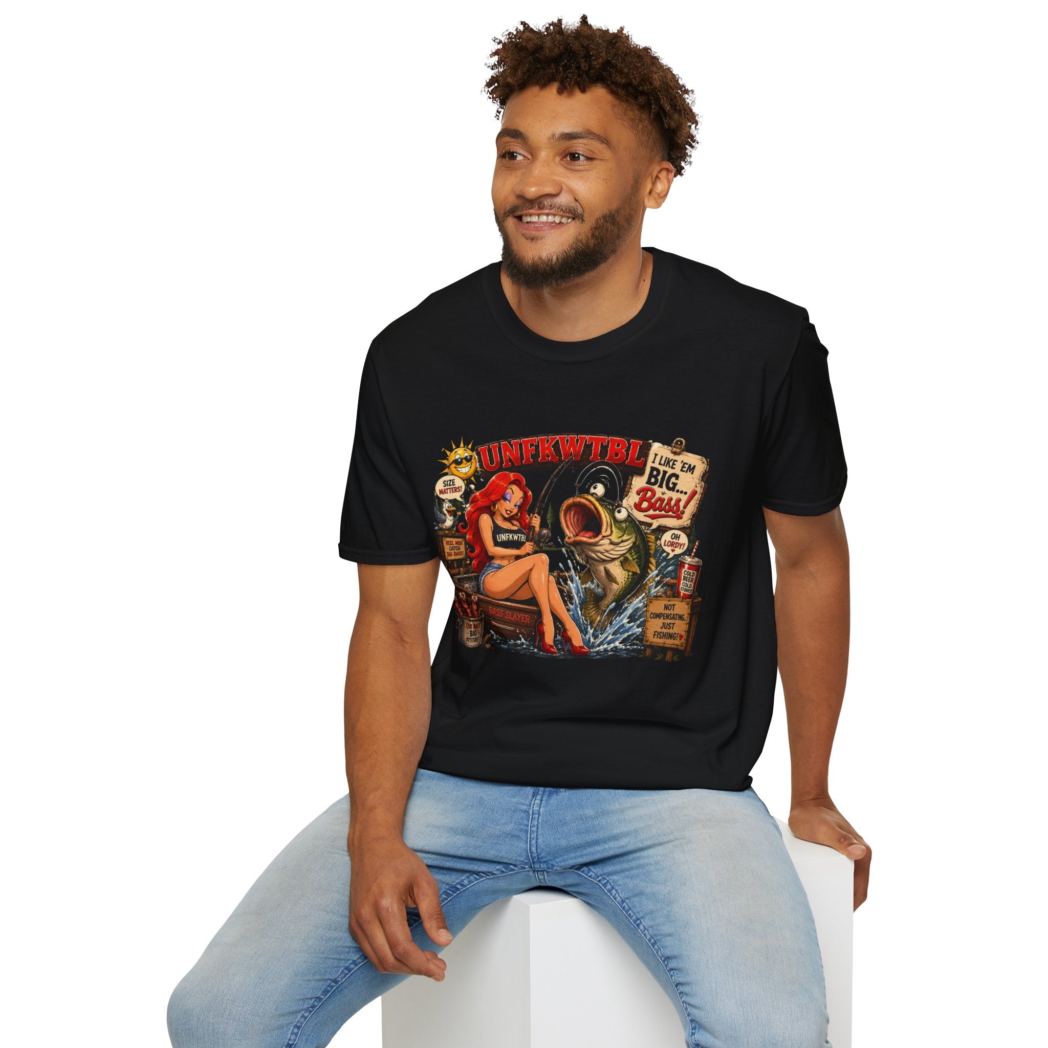 Fishing Pin-Up T-Shirt — "I Like 'Em Big, Baby" Retro Bass Graphic
