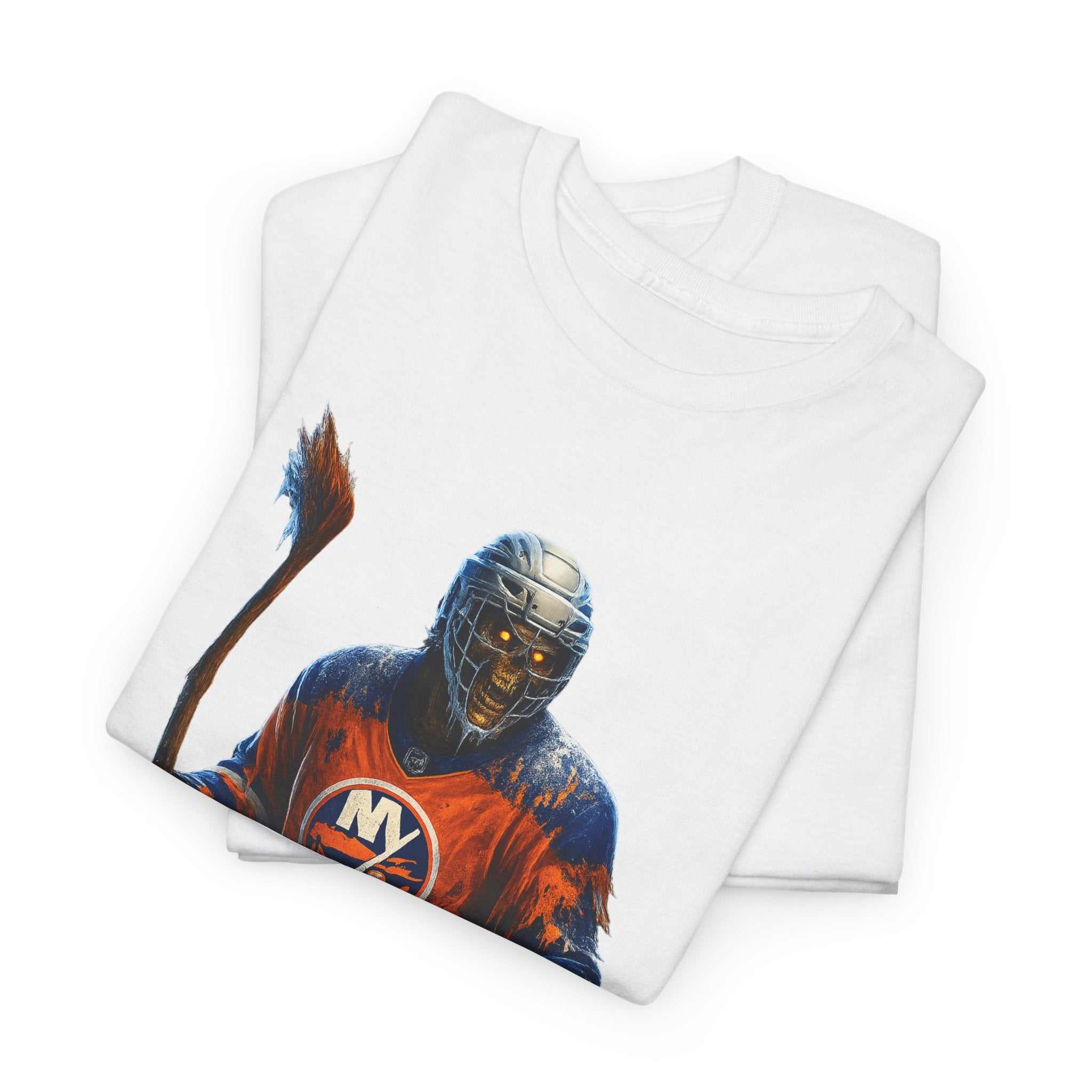 NY ISLANDERS from Hell themed durable cotton hockey T-shirt with shoulder tape and ribbed collar