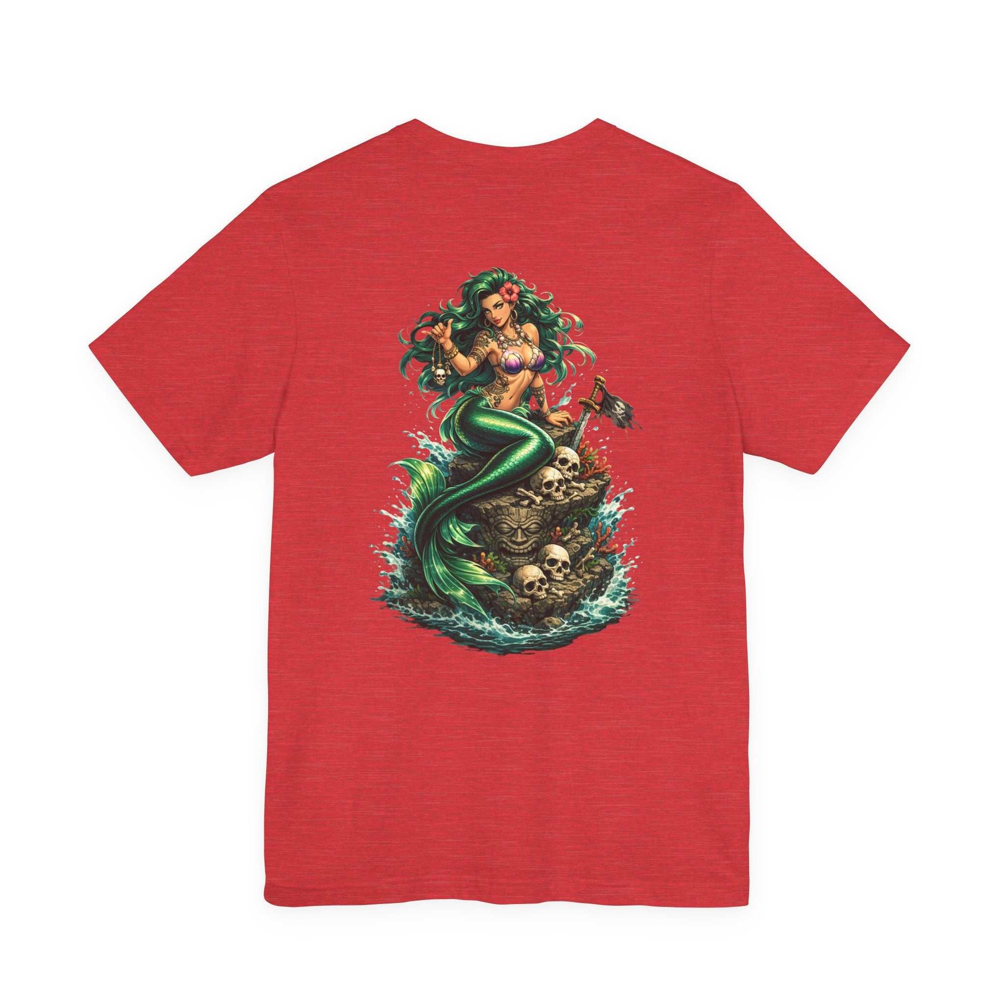 Vintage green Mermaid Skull Art Tee featuring a detailed mermaid with skull graphic on soft cotton shirt