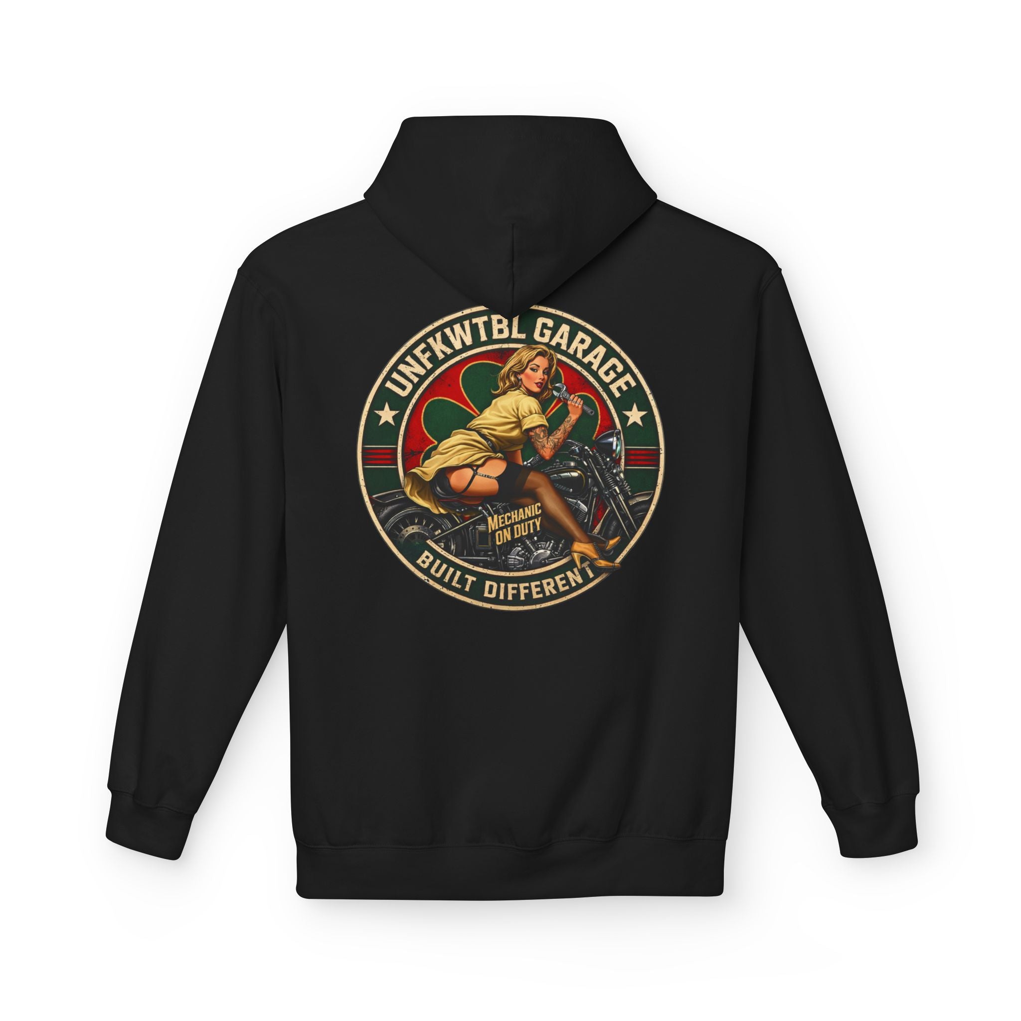 Vintage Pin-Up Motorcycle Hoodie — "Built Different" Garage Logo