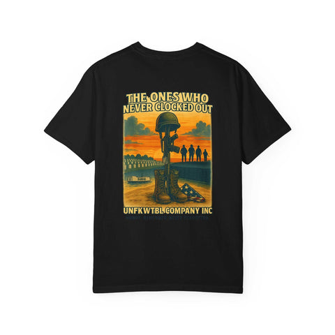 unisex tribute t-shirt with vintage memorial design featuring battlefield scene and boots on black fabric