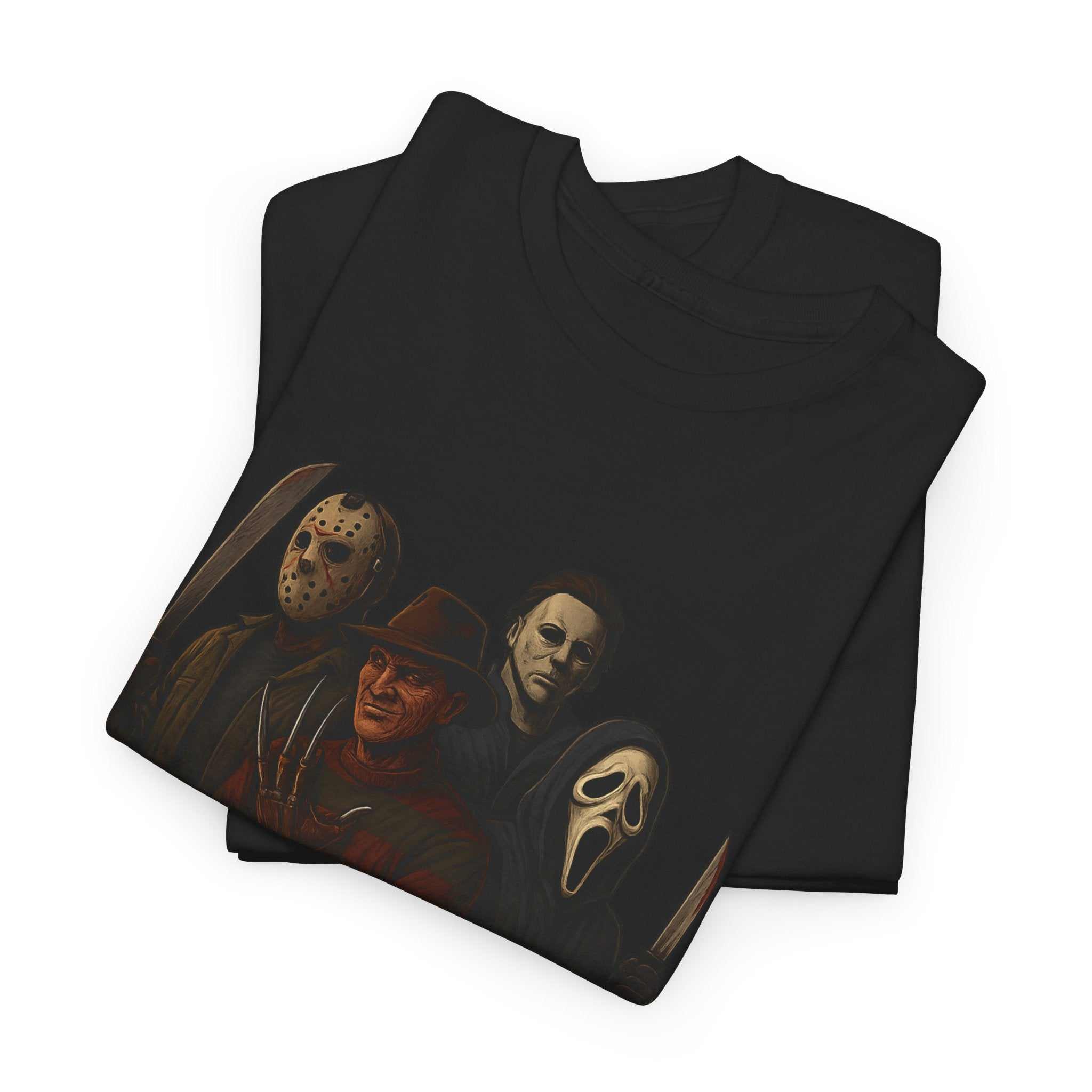 Horror Villains Tee featuring faces of Michael, Freddy, Jason, and Ghostface on a unisex black T-shirt