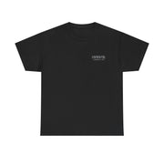 Black graphic tee with small chest logo, classic fit, shoulder tape, and ribbed collar for added comfort and stability