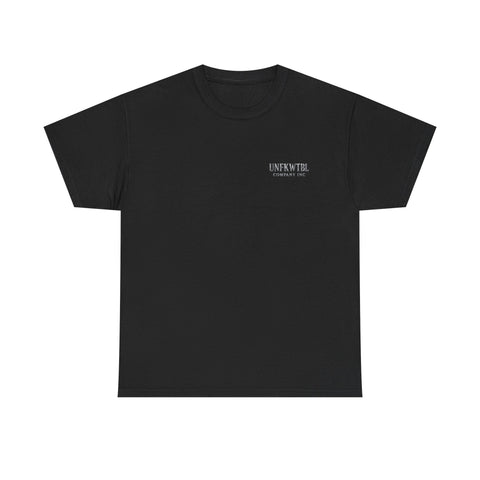 Black graphic tee with small chest logo, classic fit, shoulder tape, and ribbed collar for added comfort and stability