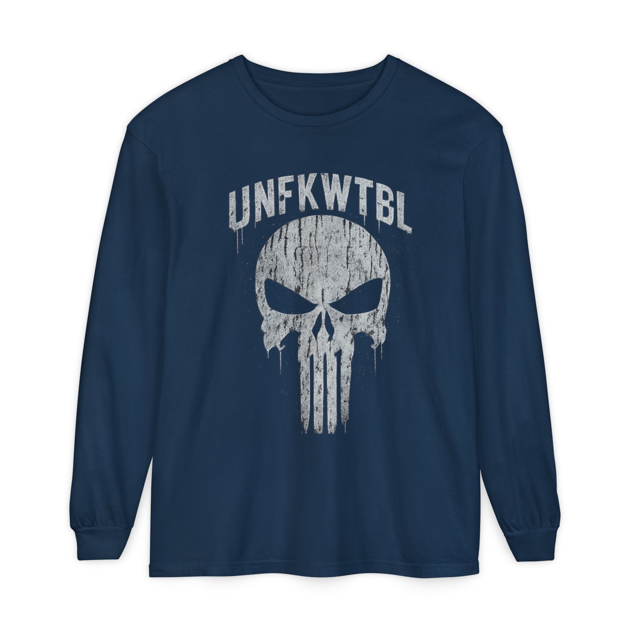 Punisher Skull Long Sleeve Tee — 'UNFKWTBL' Distressed Graphic