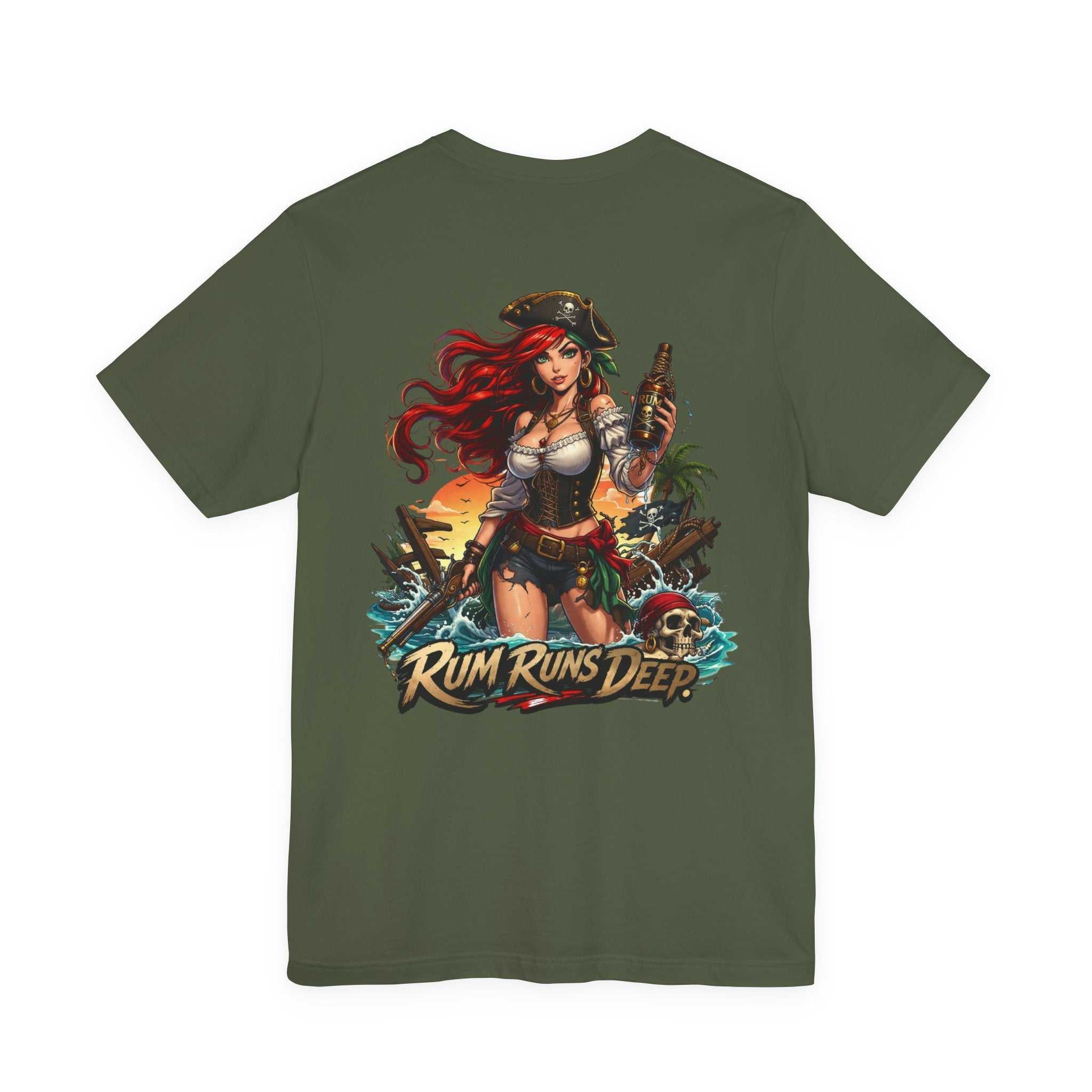 Rum Runs Deep Pirate Tee with nautical graphic and bold messaging on lightweight cotton for ocean lovers