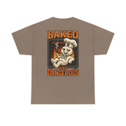 Graphic tee with a dough boy chilling in an oven smoking a cinnamon stick design