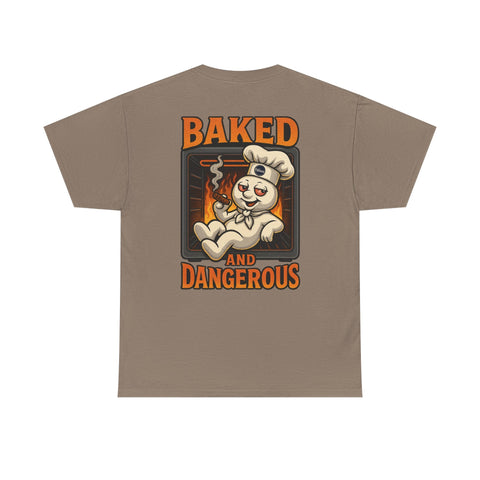 Graphic tee with a dough boy chilling in an oven smoking a cinnamon stick design