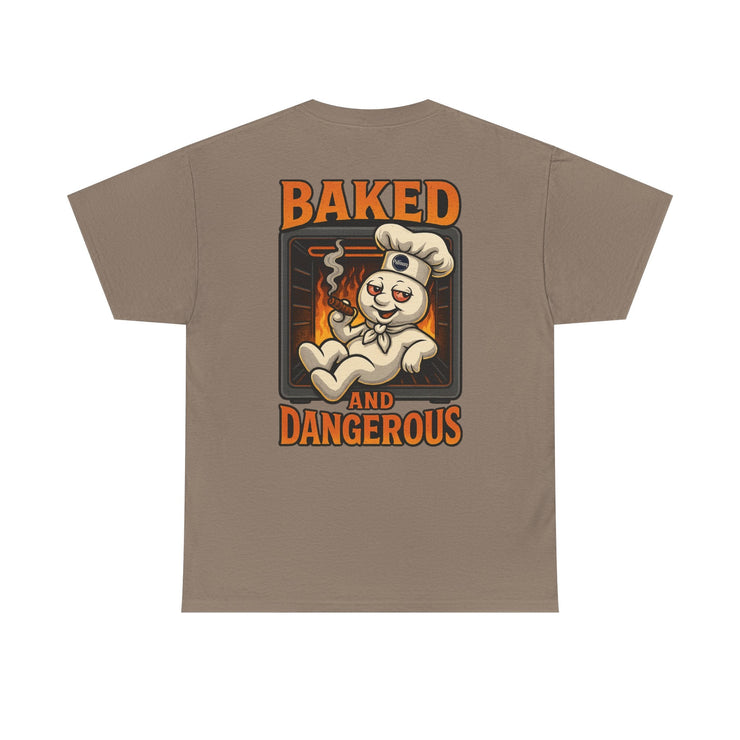 Graphic tee with a dough boy chilling in an oven smoking a cinnamon stick design