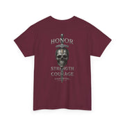 Maroon T-shirt with skull and sword graphic and Honor Strength Courage text design