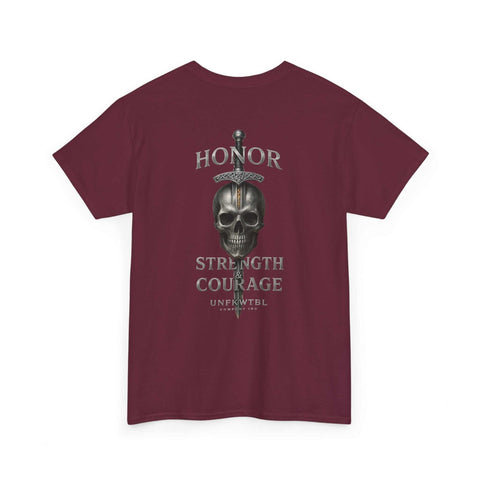 Maroon T-shirt with skull and sword graphic and Honor Strength Courage text design