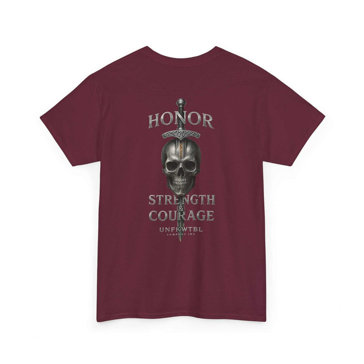Maroon T-shirt with skull and sword graphic and Honor Strength Courage text design
