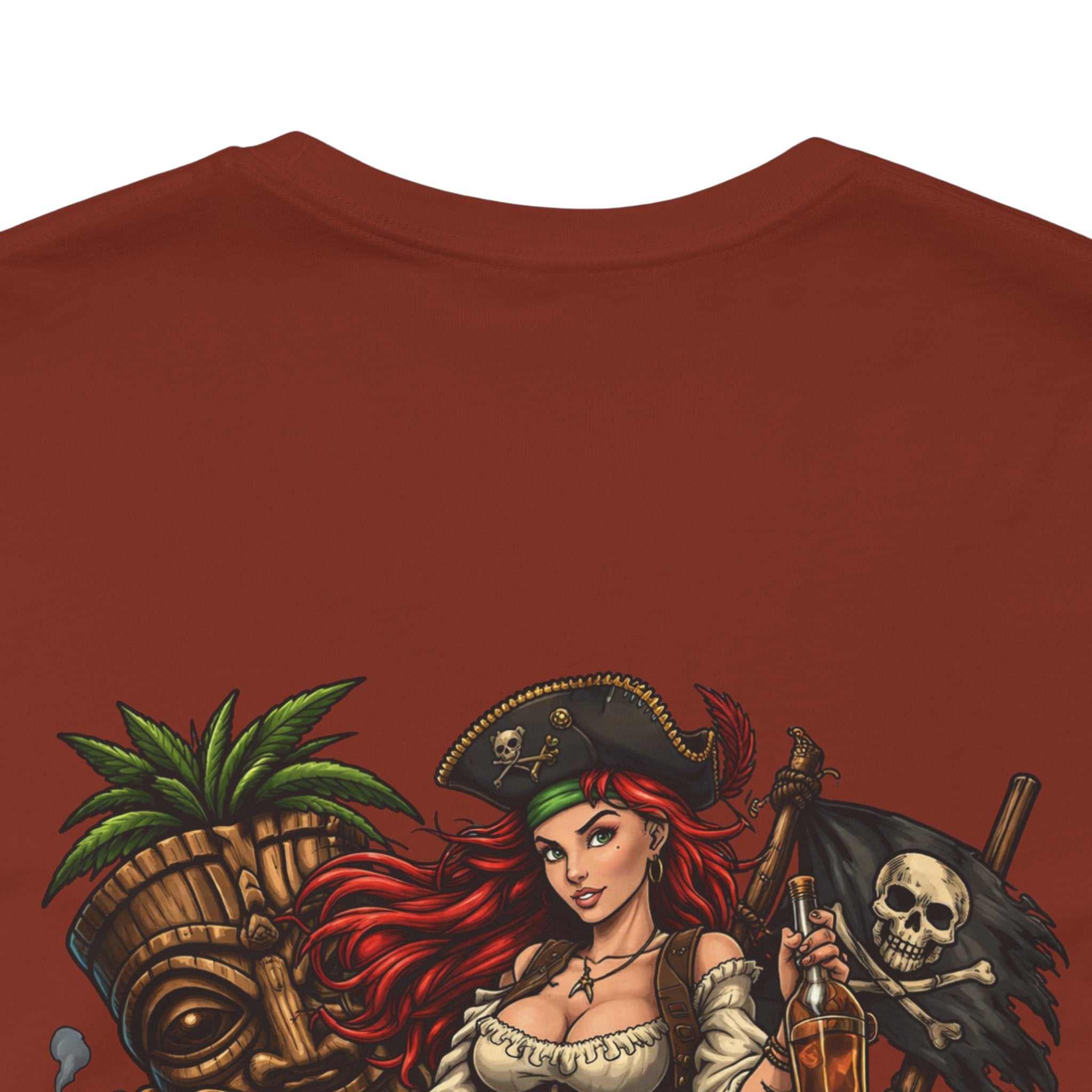 Rum Runs Deep pirate pinup T-shirt with vibrant island and pirate emblem design